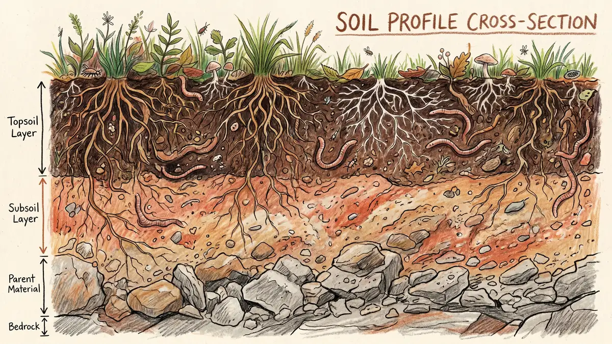 Cross-section illustration of a soil profile showing the topsoil layer with dark organic matter and abundant roots, the subsoil layer below with clay and minerals, with earthworms and mycorrhizal threads in the topsoil