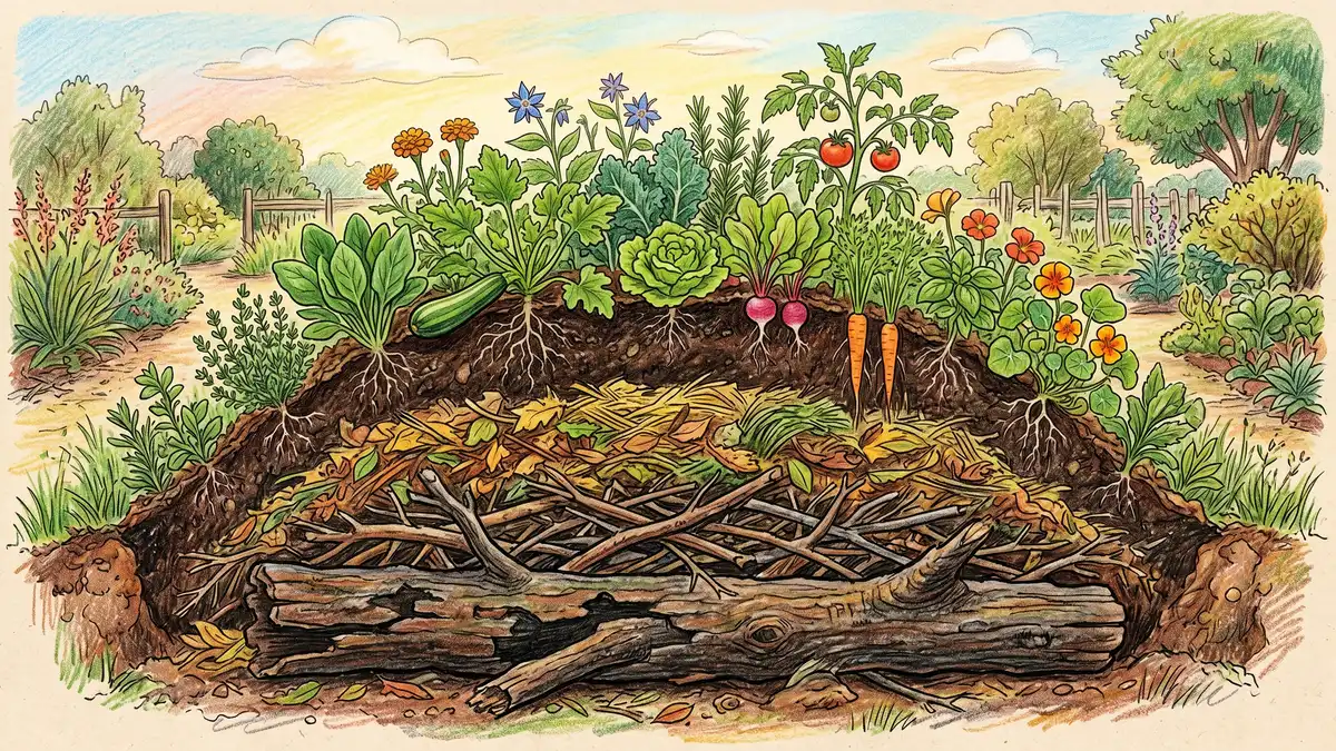 A hugelkultur mound cross-section showing buried decomposing logs at the bottom, smaller branches, then leaves and grass clippings, topped with soil and planted with vegetables and herbs