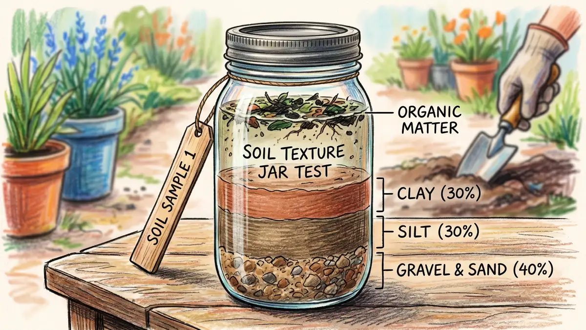 A jar test for soil texture showing a mason jar with water and soil settled into distinct layers of gravel and sand at bottom, silt in middle, clay layer on top with organic matter floating