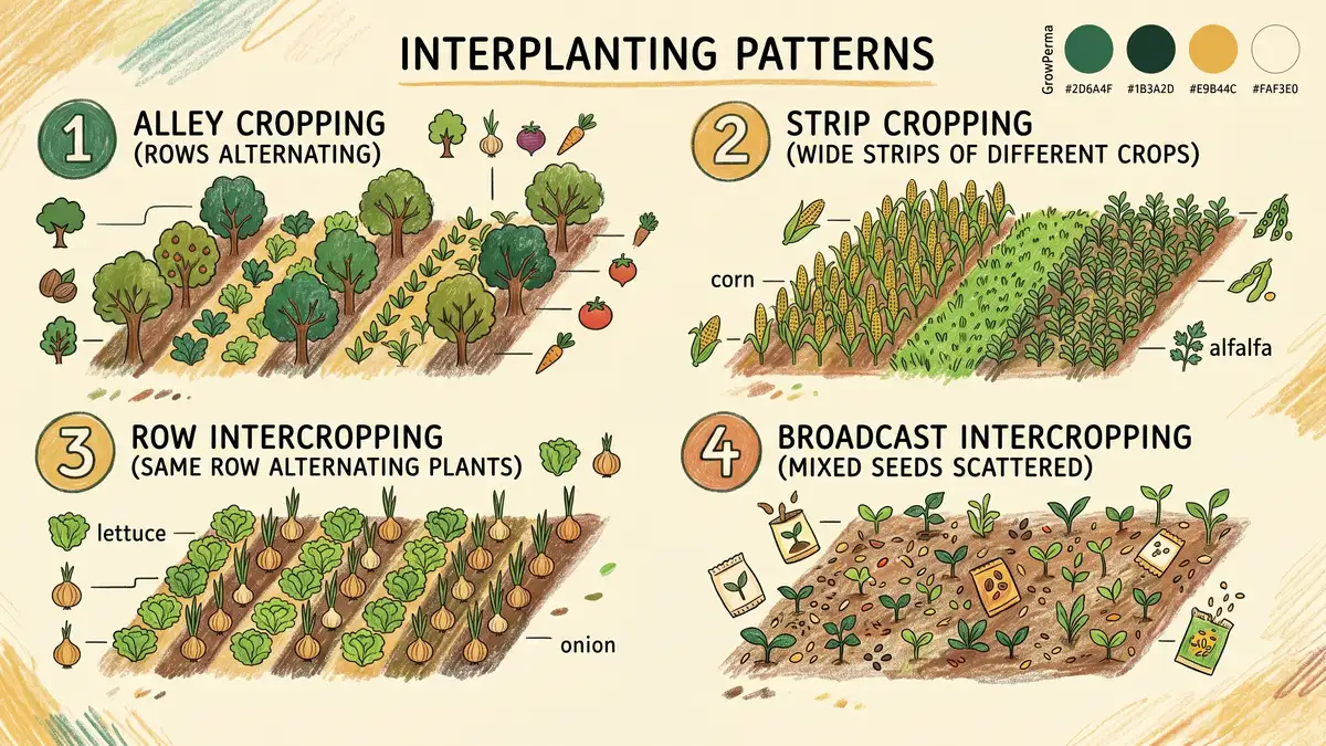An infographic showing 4 interplanting patterns: alley cropping with rows alternating, strip cropping with wide strips, row intercropping with same row alternating plants, and broadcast intercropping with mixed seeds scattered