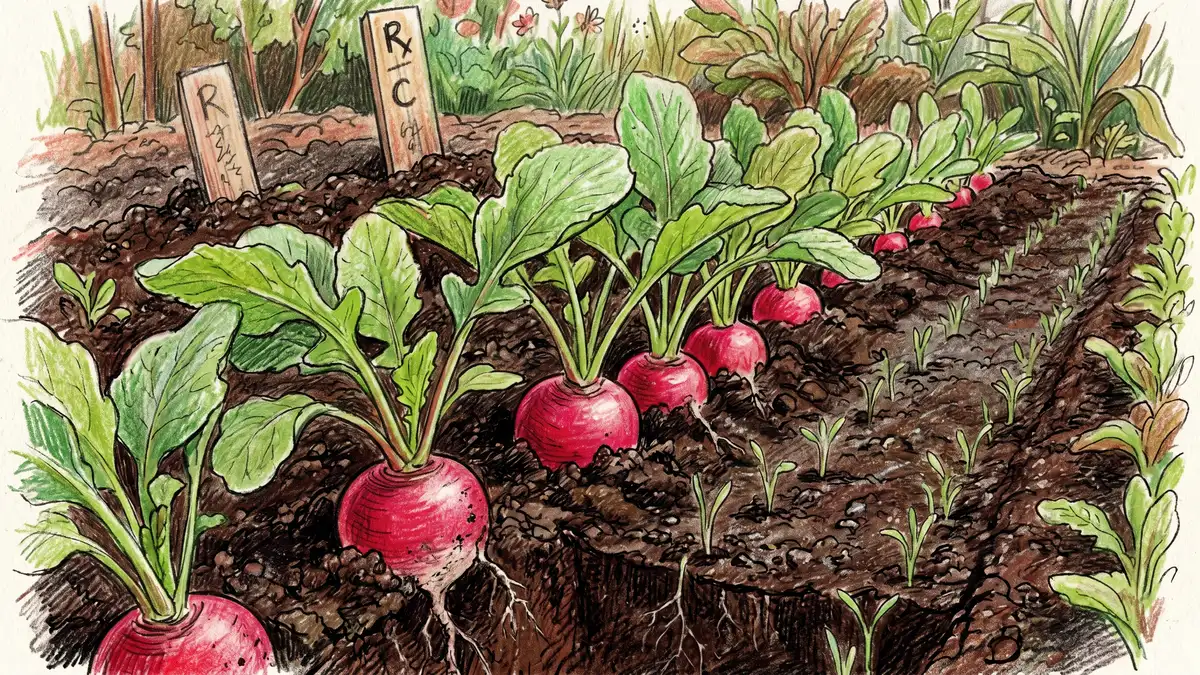 A close-up garden bed showing rows of carrot seedlings emerging next to bright red radishes ready to harvest with the radishes marking the rows
