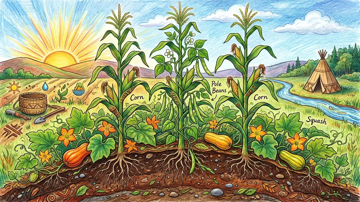 A Three Sisters polyculture illustration showing tall corn stalks with climbing pole beans wrapping around them and squash spreading on the ground at the base creating living mulch