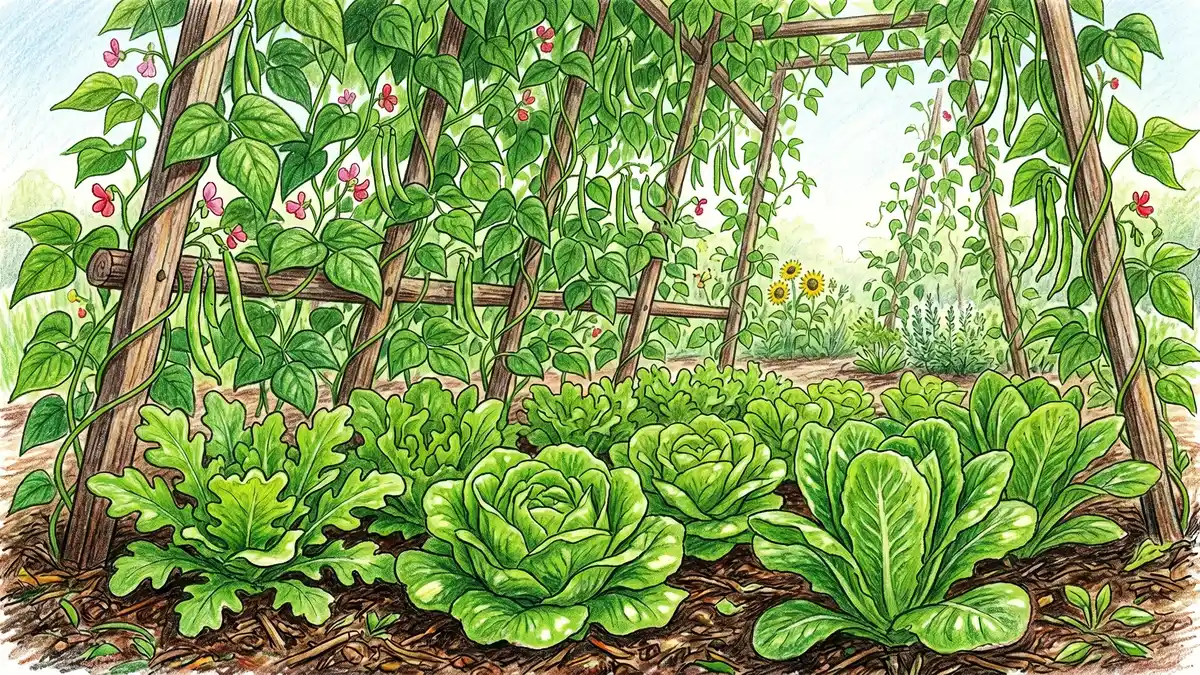 Green lettuce plants growing in dappled shade beneath a trellis of pole beans climbing upward illustrating tall-and-short interplanting