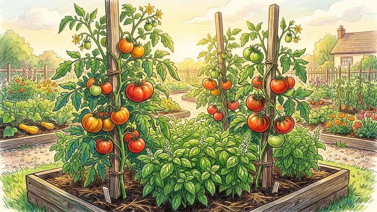 Tall heirloom tomato plants on stakes with bushy green basil plants growing densely at their base