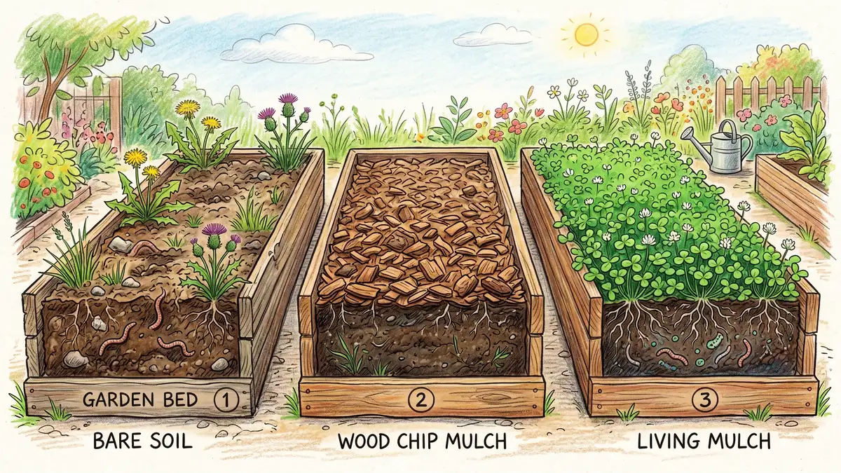 Comparison illustration showing three garden beds: bare soil with weeds, wood chip mulch, and green living mulch (white clover) covering the soil