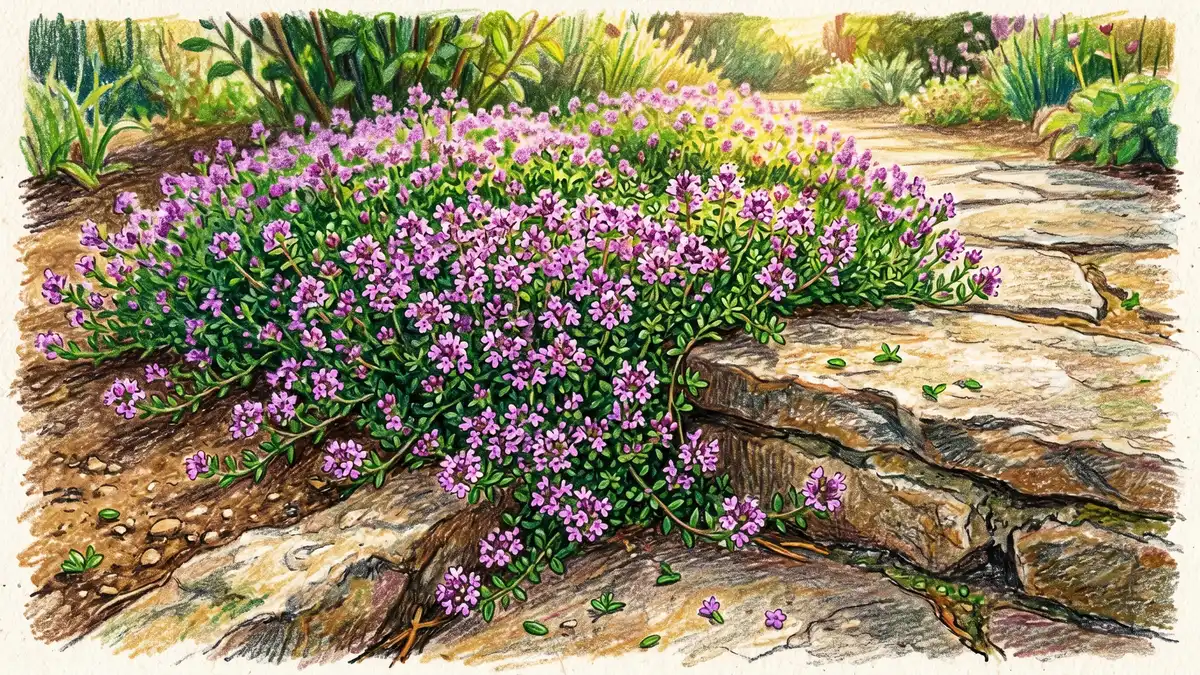 Close-up of creeping thyme cascading over a stone garden path with small purple-pink flowers and tiny green leaves