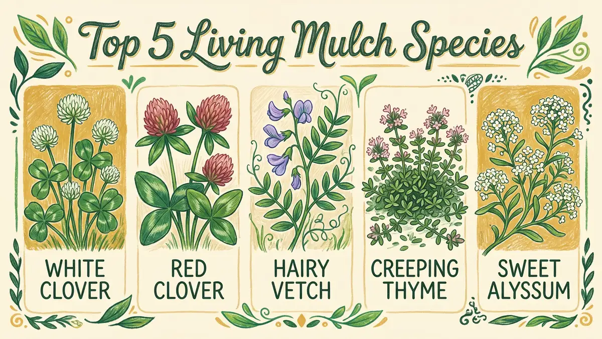 Infographic showing the top 5 living mulch species: white clover, red clover, hairy vetch, creeping thyme, and sweet alyssum, each illustrated with its common name