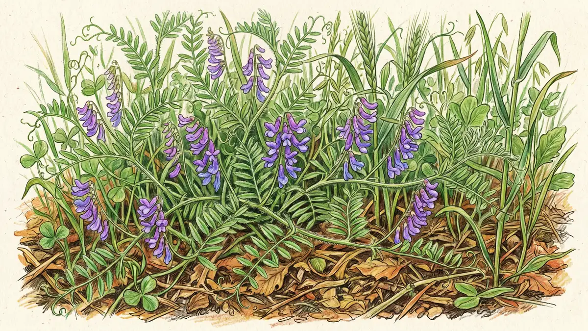 Close-up of hairy vetch with purple-blue flowers and feathery leaves climbing through a winter cover crop