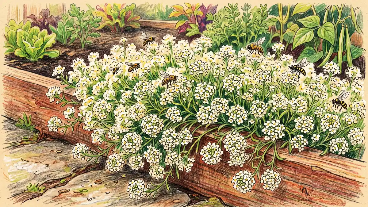 Close-up of sweet alyssum with clusters of tiny white flowers as a living mulch with honeybees and hoverflies visiting