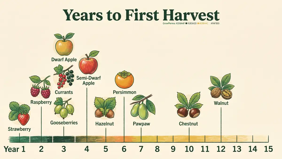 Timeline infographic showing years to first harvest for major food forest species from year 1 (strawberry) through year 12 (walnut)