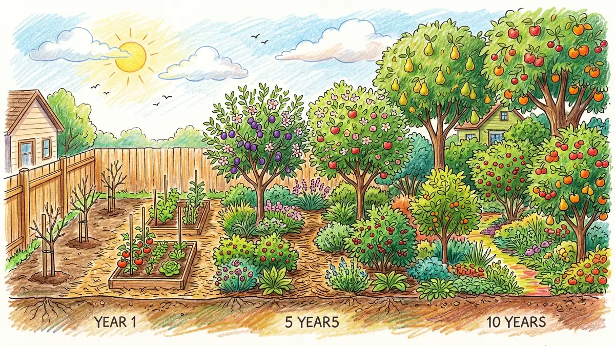 Side-view comparison of a backyard food forest at three growth stages: Year 1 with young bare-root trees and annual vegetables, Year 5 with established shrubs and small trees, Year 10 with a mature multi-layer canopy producing abundant fruit