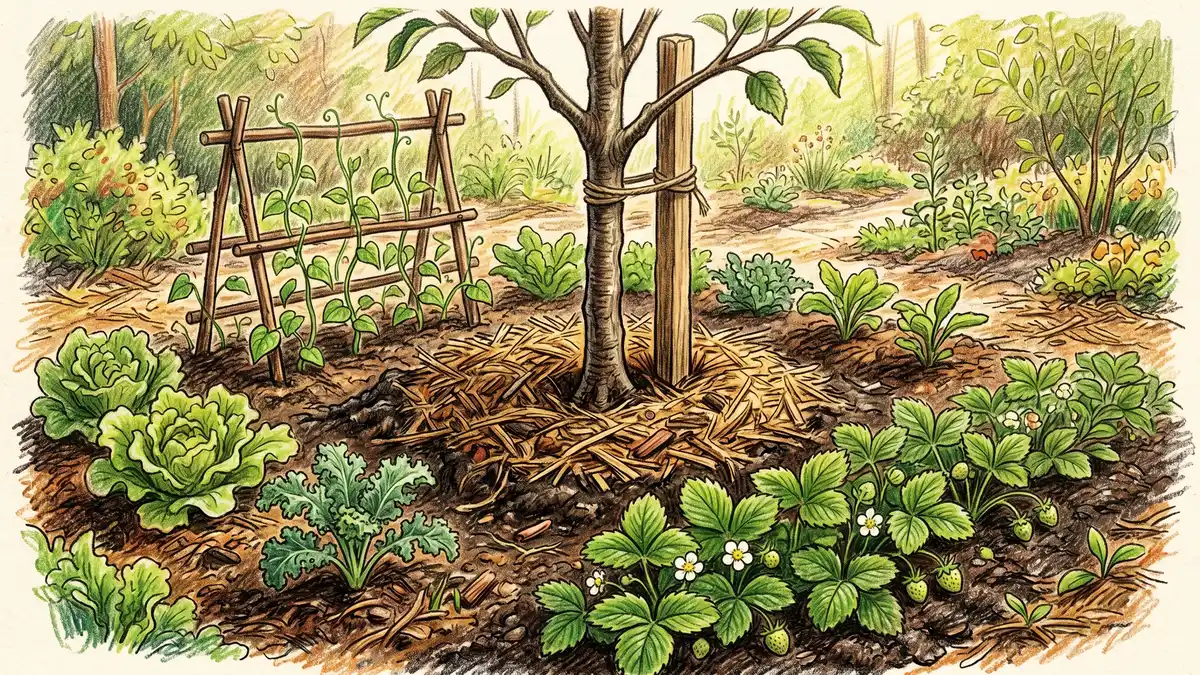 Year 1 food forest planting with a young staked apple tree about 4 feet tall surrounded by interplanted annual vegetables and a row of strawberries