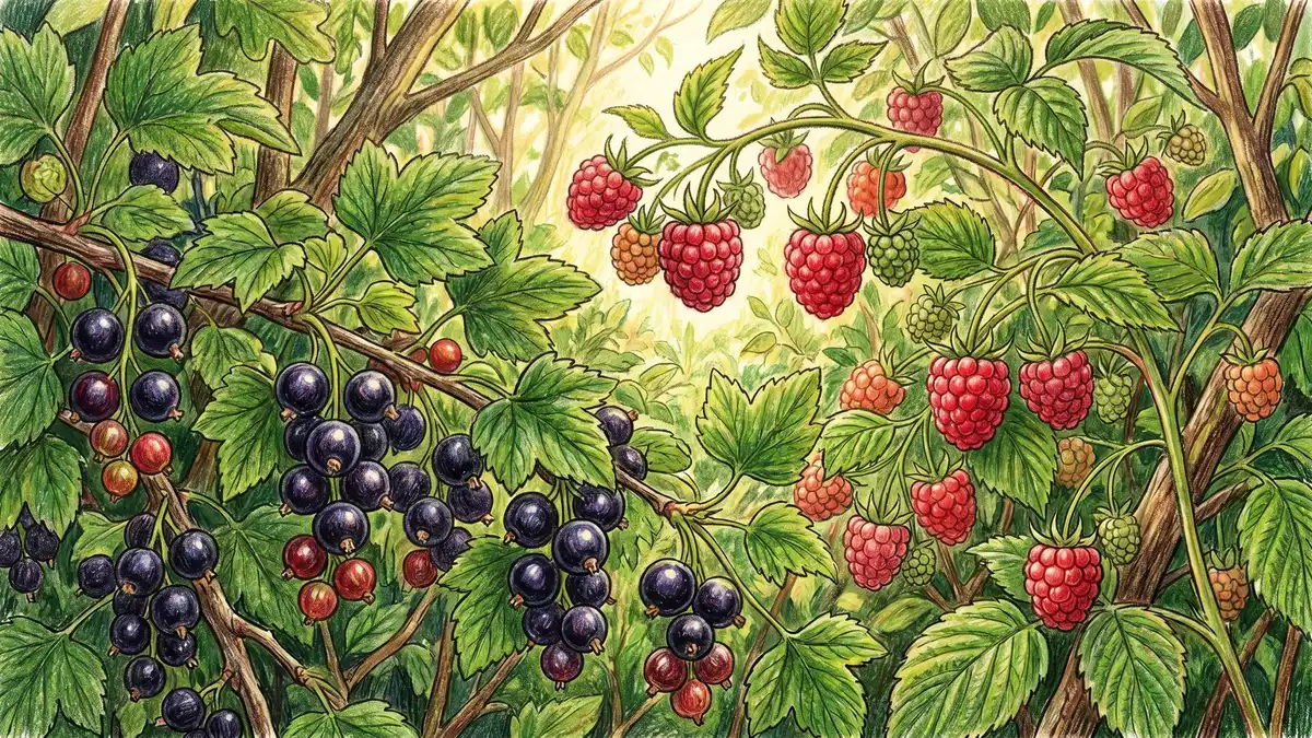 Close-up of ripening black currant bush heavy with dark berries and raspberry canes behind it in a productive food forest