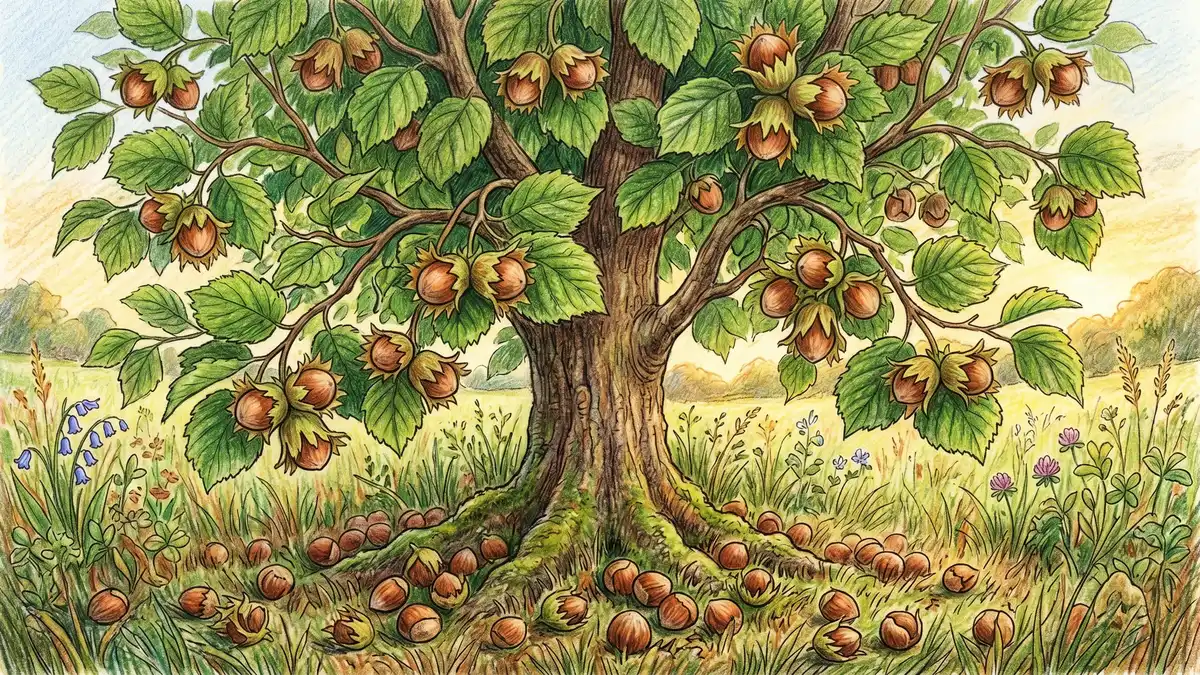 Mature hazelnut tree about 12 feet tall heavy with clusters of brown nuts in their husks in late summer