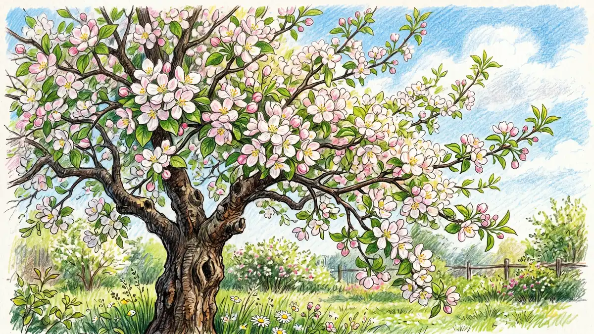 Mature standard apple tree in full pink-white bloom in spring with rough bark and spreading canopy against a blue sky