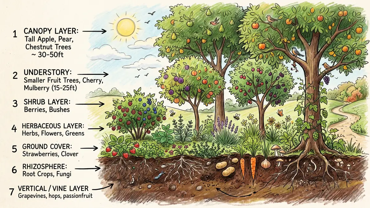 Cross-section diagram of a food forest showing the 7 layers from canopy down to root crops with apple, pear, and chestnut trees as the labeled canopy layer at the top