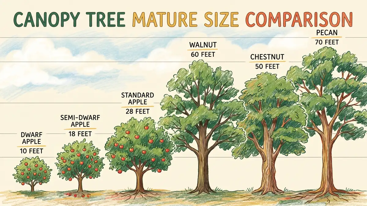 Infographic comparing mature heights of dwarf apple (10 ft), semi-dwarf apple (18 ft), standard apple (28 ft), walnut (60 ft), chestnut (50 ft), and pecan (70 ft) in proportional scale