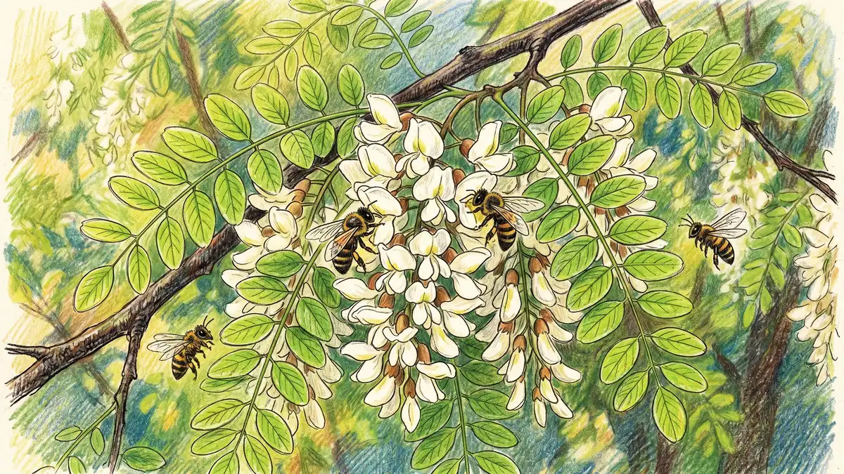 Black locust tree with characteristic compound leaves and dangling clusters of white fragrant flowers with honeybees visiting