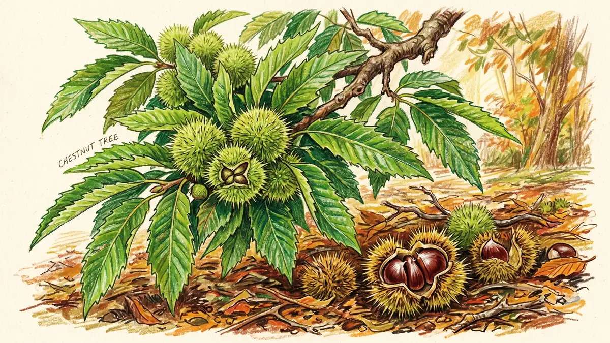 Mature chestnut tree with broad serrated leaves and clusters of spiny green burs containing developing nuts, some fallen burs splitting open on the ground