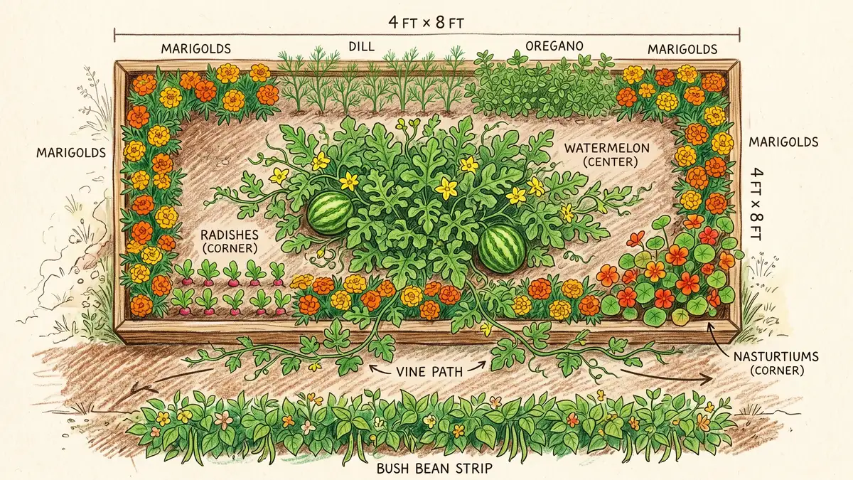 Overhead garden bed layout showing a 4 by 8 ft raised bed with watermelon in the center surrounded by marigolds, nasturtiums, radishes, dill, oregano, and bush beans with vine path spreading outside the bed
