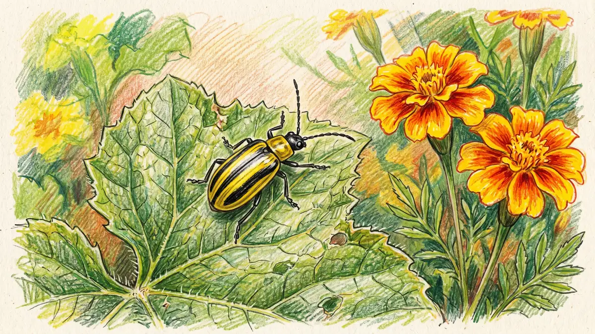 Striped cucumber beetle on a melon leaf with yellow marigold flowers visible nearby, educational entomology illustration