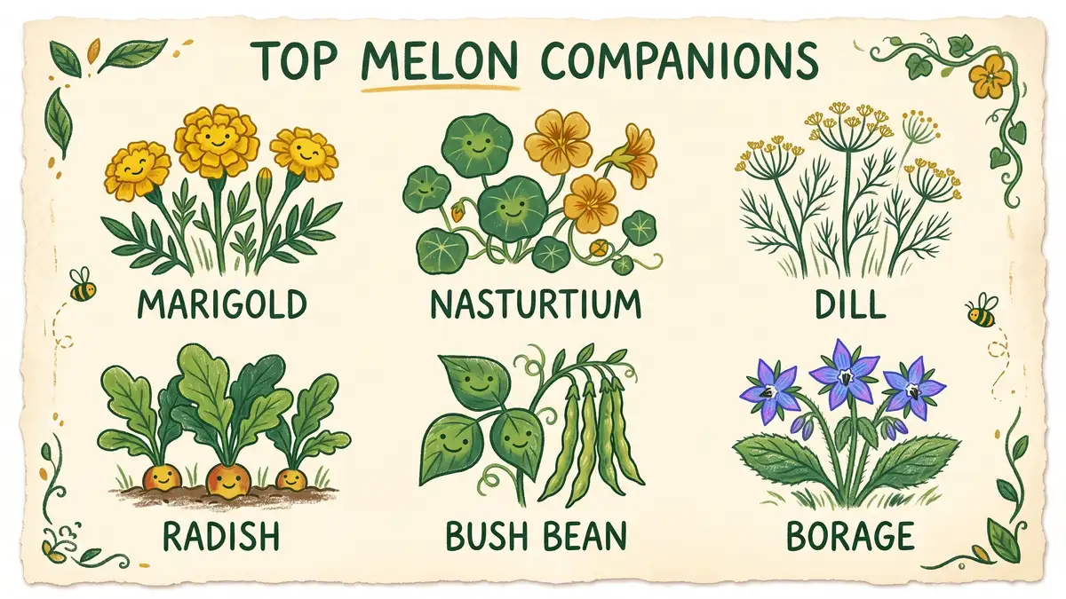 Infographic showing the top melon companion plants: marigold, nasturtium, dill, radish, bush bean, and borage with illustrated icons and labels