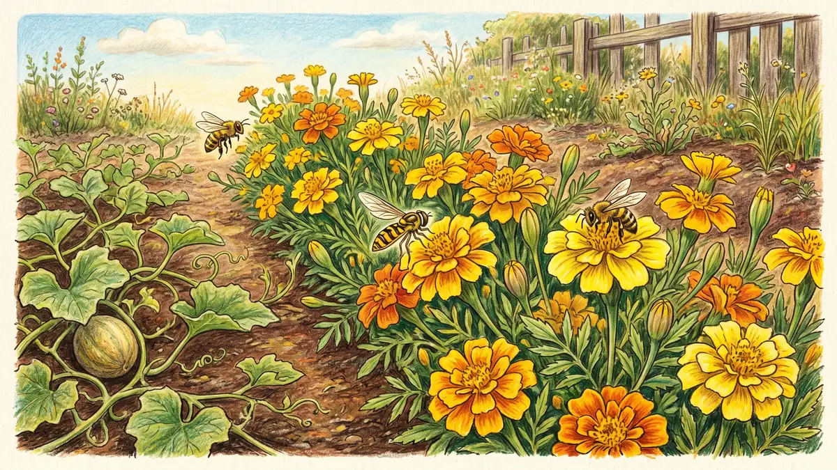 Yellow French marigold flowers blooming densely in a row beside a sprawling melon vine with honeybees and a hoverfly visiting