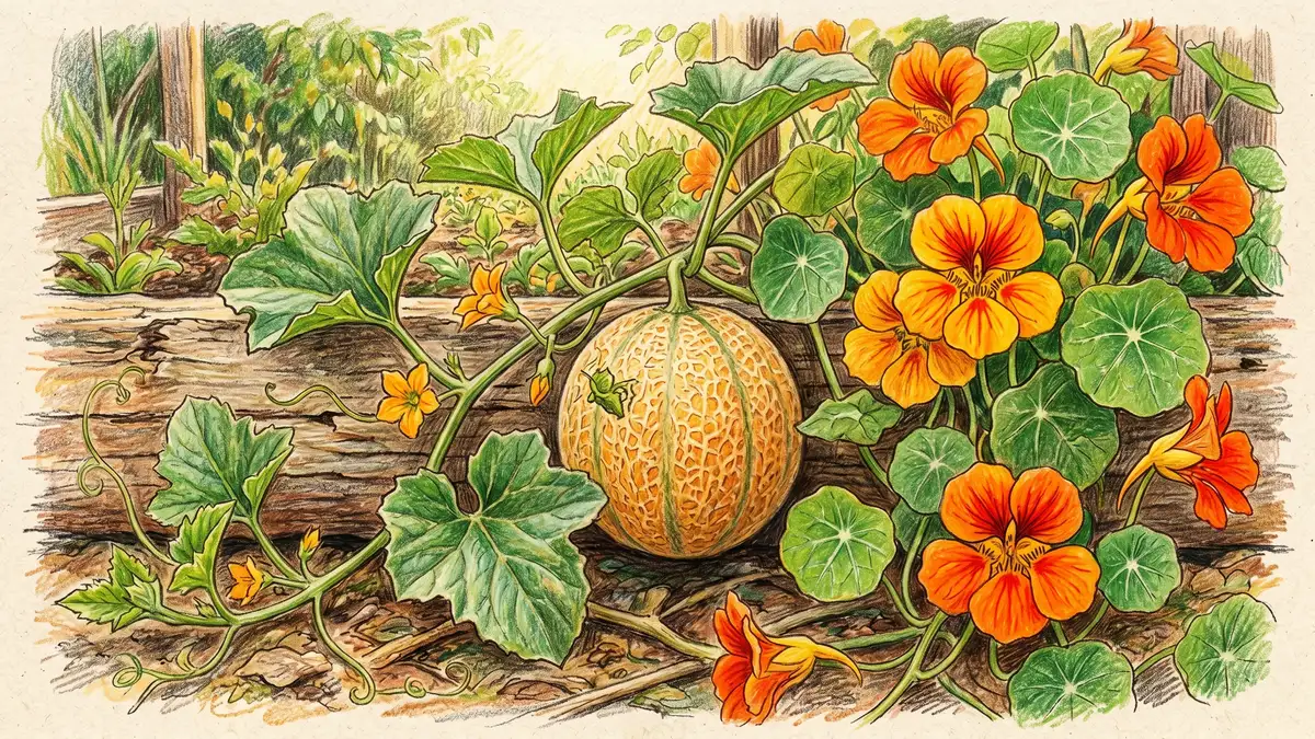 Bright orange nasturtium flowers trailing alongside a green melon vine with a ripening cantaloupe fruit visible and round nasturtium leaves shown clearly
