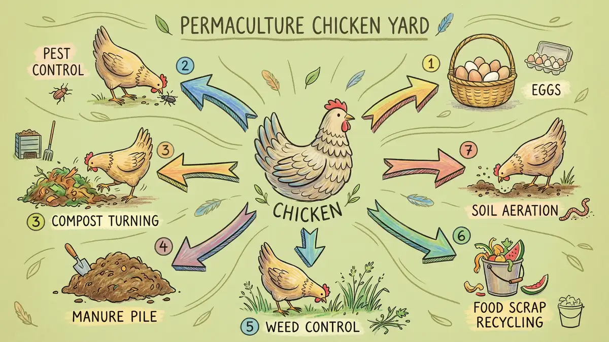 Diagram of a permaculture chicken yard showing the chicken as a stacked element with 7 functions: eggs, pest control, compost turning, manure, weed control, food scrap recycling, and soil aeration