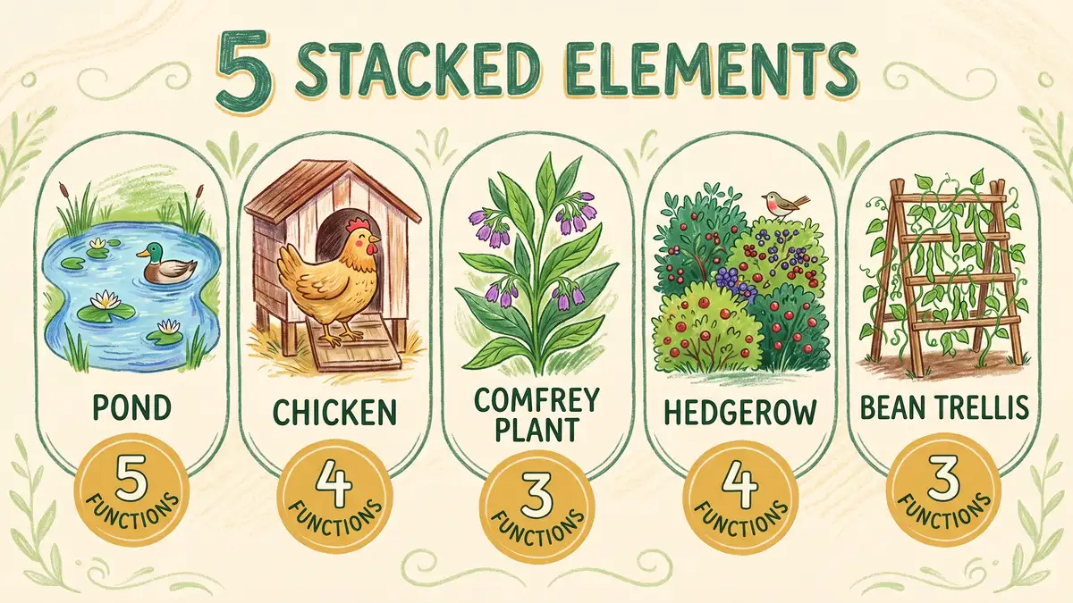 Infographic showing 5 stacked elements: pond, chicken, comfrey, hedgerow, and bean trellis, each with the number of functions they fulfill