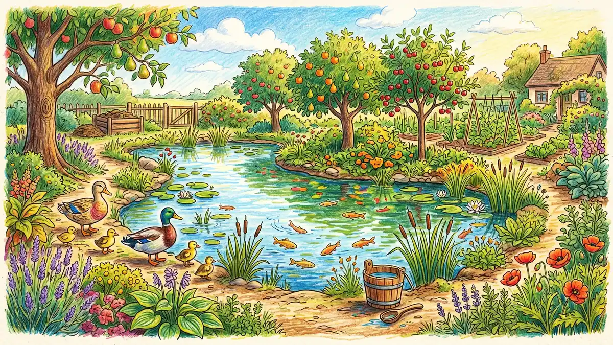 Backyard permaculture pond with fish swimming, ducks at the edge, fruit trees on the far side benefiting from microclimate, and lush plants around the pond