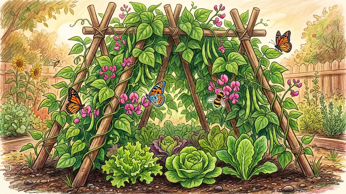 Backyard bean tepee trellis with green bean vines and pink flowers, shade-loving lettuce growing beneath, butterflies and honeybee visiting