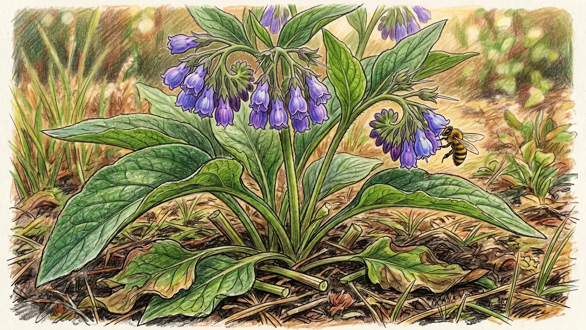 Comfrey plant with broad green leaves and clusters of purple-blue bell flowers, cut leaves at the base showing chop-and-drop mulch use, and a honeybee visiting