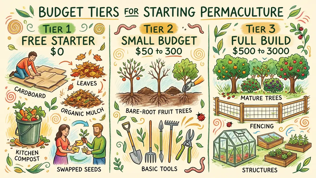 Infographic comparing 3 budget tiers for starting permaculture: free starter, small budget, and full build with examples for each tier