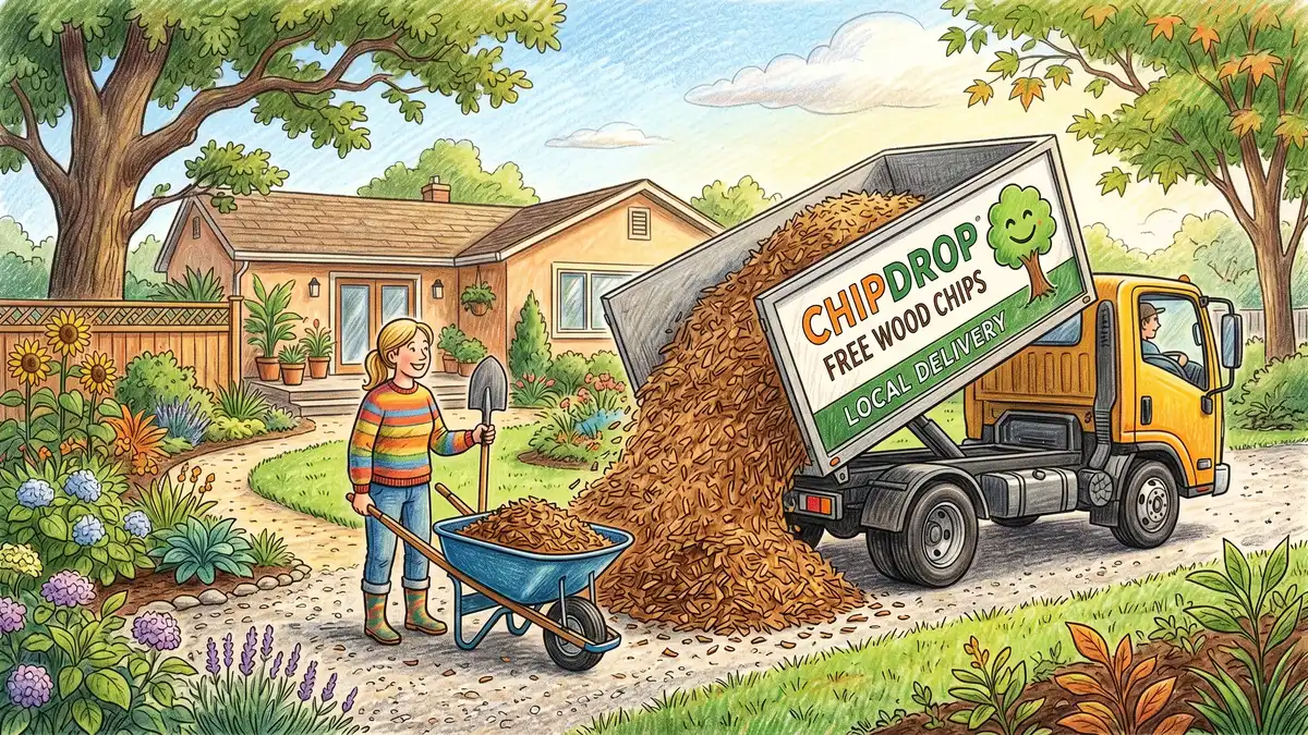 Backyard with a free wood chip delivery truck unloading a large pile of fresh wood chips on the driveway with a homeowner and wheelbarrow ready