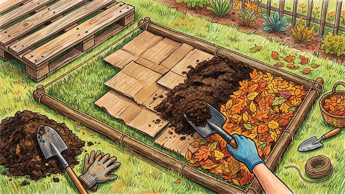 Overhead garden bed showing cardboard sheet mulch applied over grass with shovels of compost and a layer of fall leaves on top, ready for planting