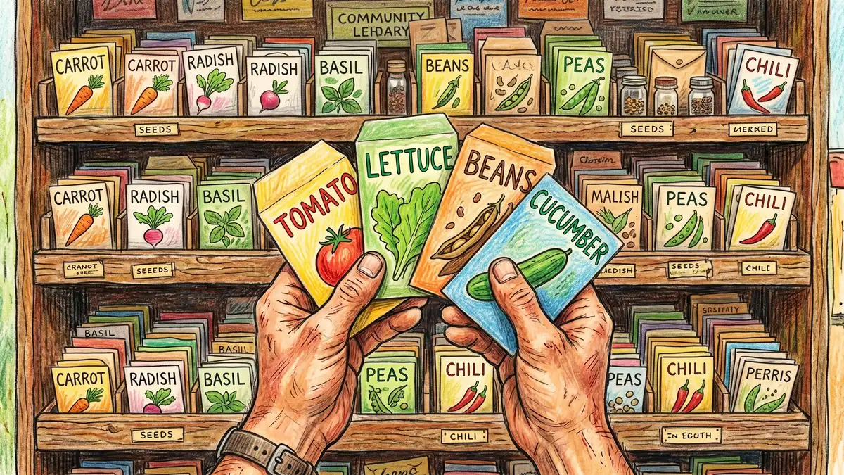 Hands holding small paper seed envelopes labeled with vegetable names in front of a community seed library shelf with rows of seed envelopes