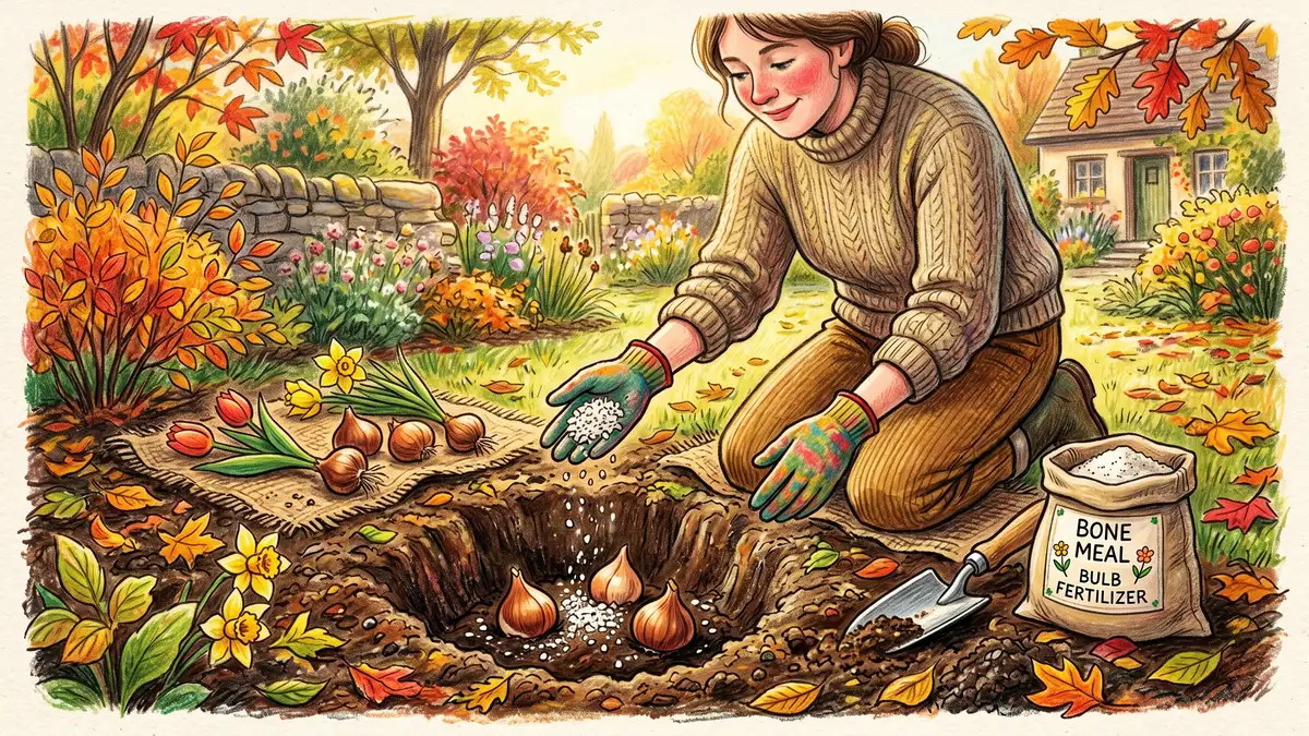 Bone meal being sprinkled into a planting hole next to a tulip bulb.