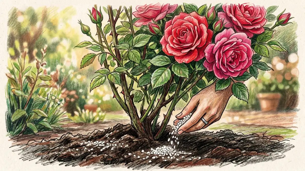 Hands sprinkling bone meal at the base of a planted rose bush.