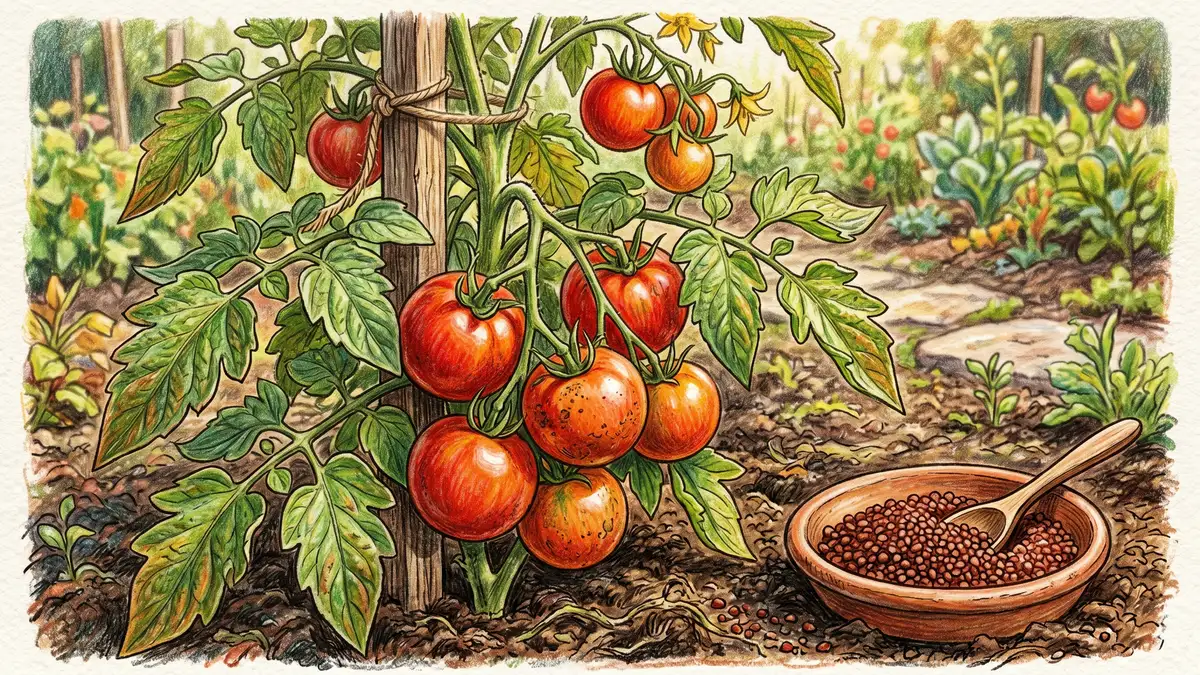 Tomato plant with blood meal sprinkled at the base in a backyard garden bed.