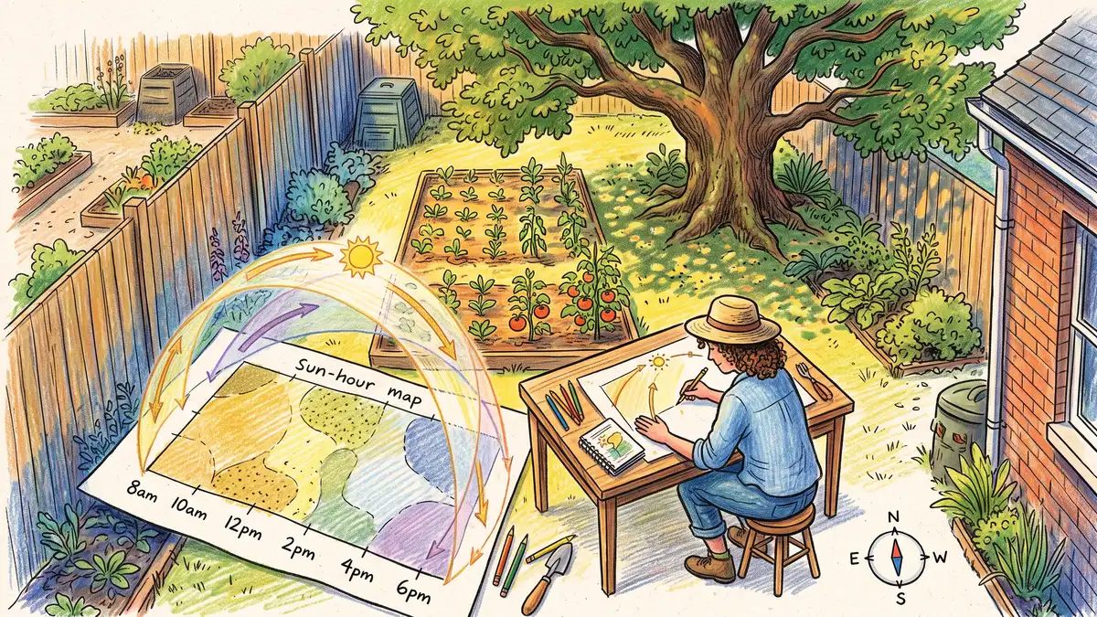 Illustrated backyard sun map showing the sun's path and patches of full sun, part shade, and deep shade across a food forest site