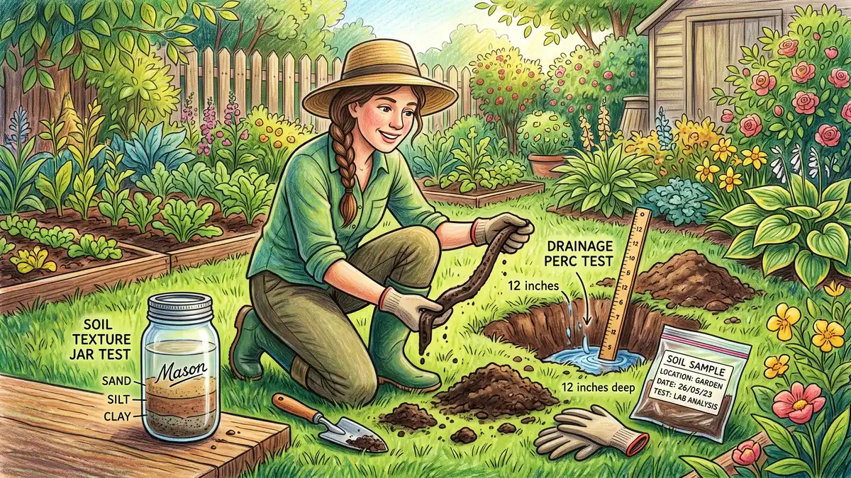 Gardener assessing soil with a jar texture test, a hand-squeezed ribbon test, and a drainage percolation hole in a backyard food forest site