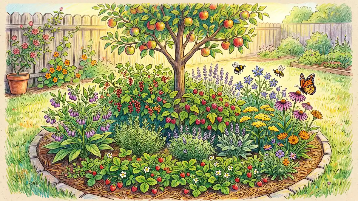 Small backyard food forest guild with a dwarf fruit tree, berry bushes, herbs, and pollinator flowers arranged in a circle