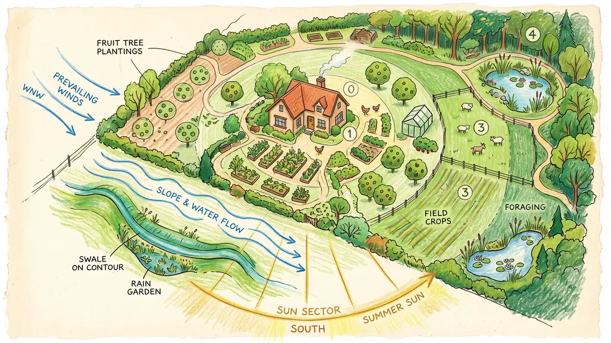 Hand-drawn permaculture site map showing sun sector, wind arrows, slope with a swale on contour, and numbered zones radiating from the house