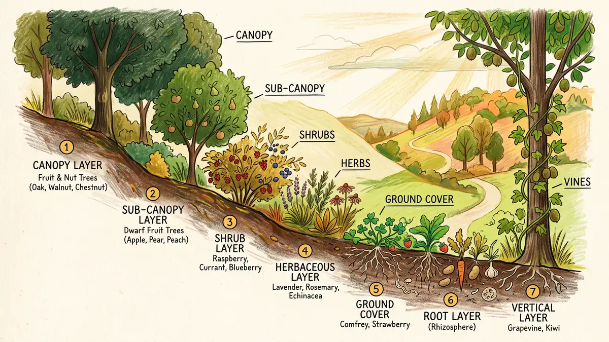 Infographic cross-section illustrating the seven layers of a food forest from tall canopy trees down to root crops and a climbing vine