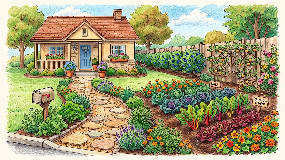 Ornamental front-yard edible landscape with kale, rainbow chard, blueberry hedging, herbs, and flowers arranged for curb appeal