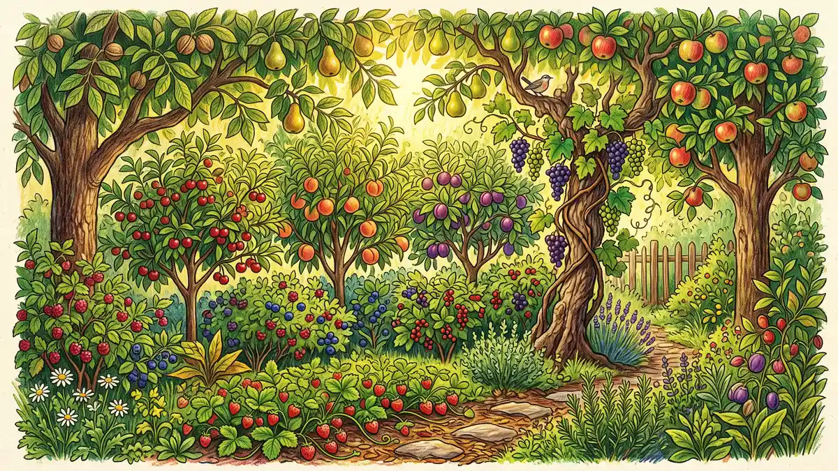 Lush layered backyard food forest with canopy fruit trees, dwarf trees, berry shrubs, ground cover, and a climbing vine