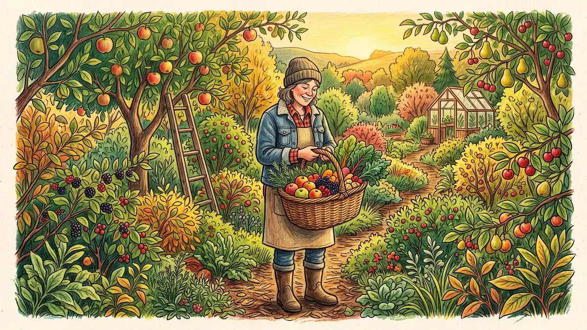 A homesteader harvesting a basket of mixed fruit, berries, and greens from an established food forest