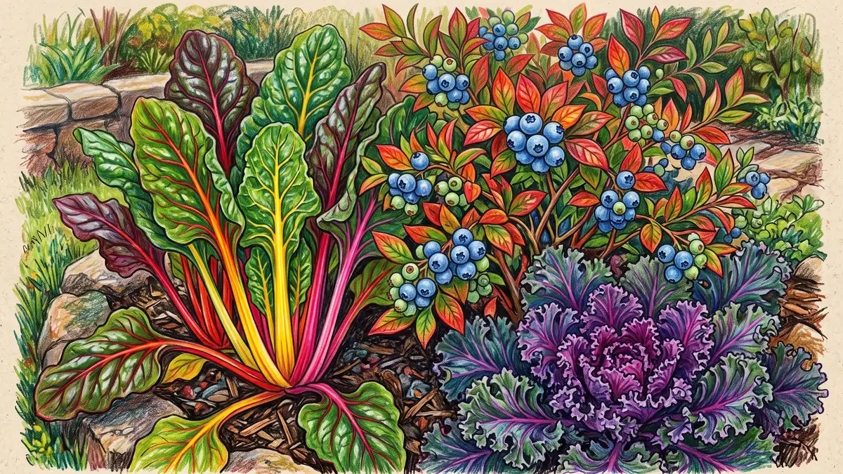 Close-up of rainbow Swiss chard, a berry-laden blueberry bush, and purple curly kale used as decorative ornamental edibles