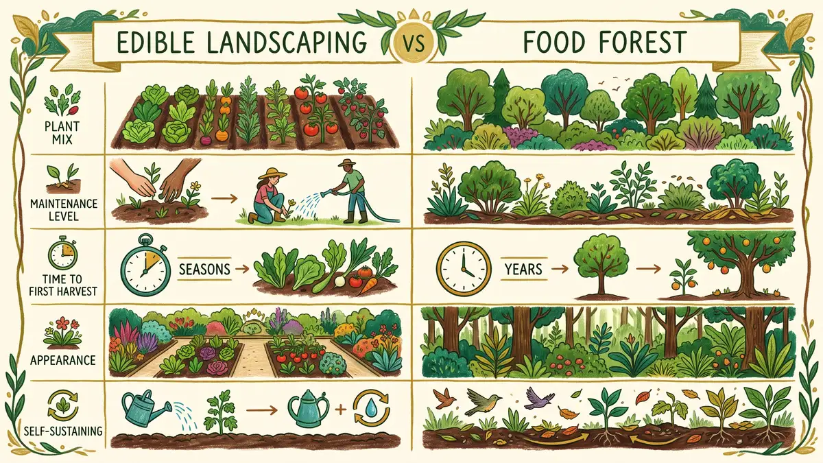 Side-by-side infographic comparing edible landscaping and a food forest across plant mix, maintenance, time to harvest, and appearance
